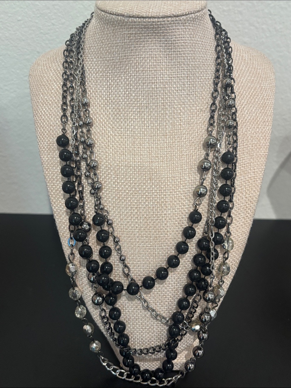 Multi-Strand Black Beaded Statement Necklace Silver Tone Tiered Bib Layered